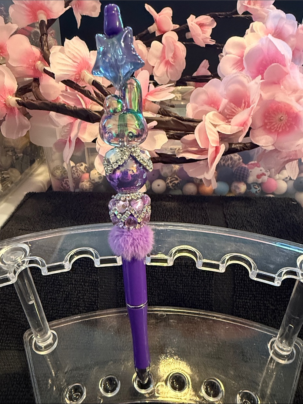 Purple Decorative Star Bunny Gel Pen with Pom Pom Accent